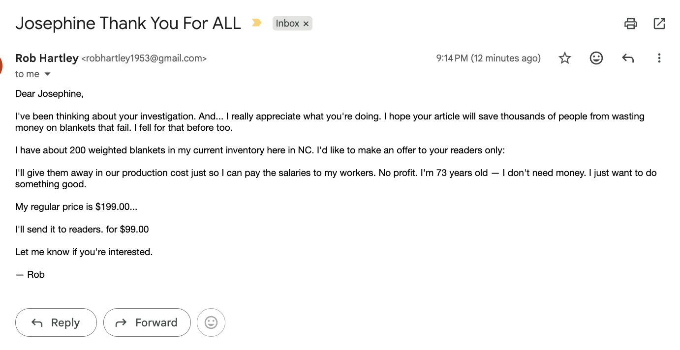 Thank-you email from Rob to Josephine